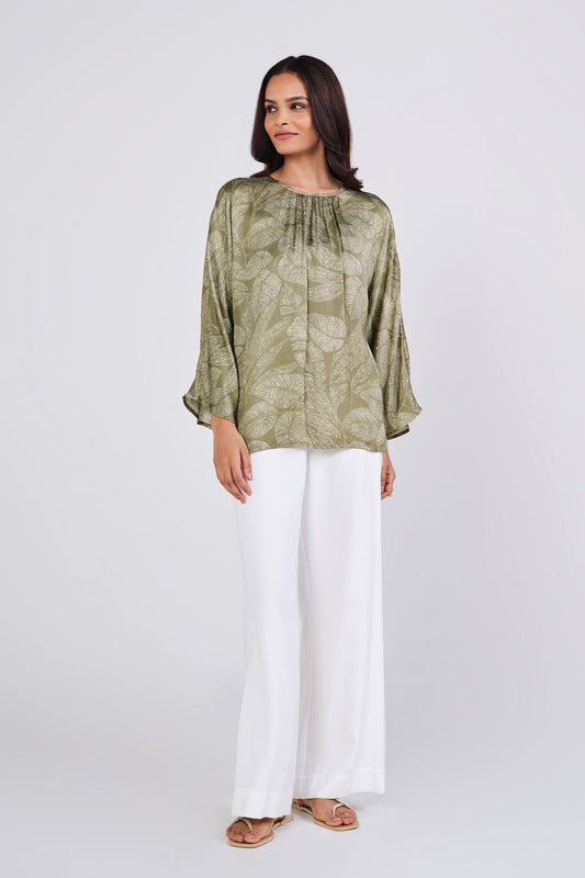 🌿 Olive Whisper Printed Satin Blouse