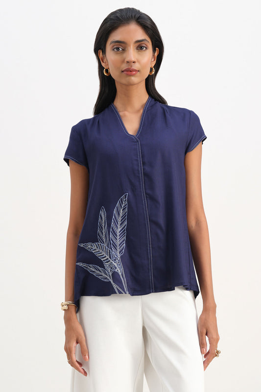 Navy Blue Botanical Embroidered Short