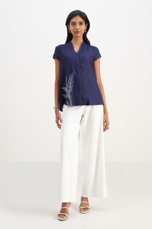 Navy Blue Botanical Embroidered Short