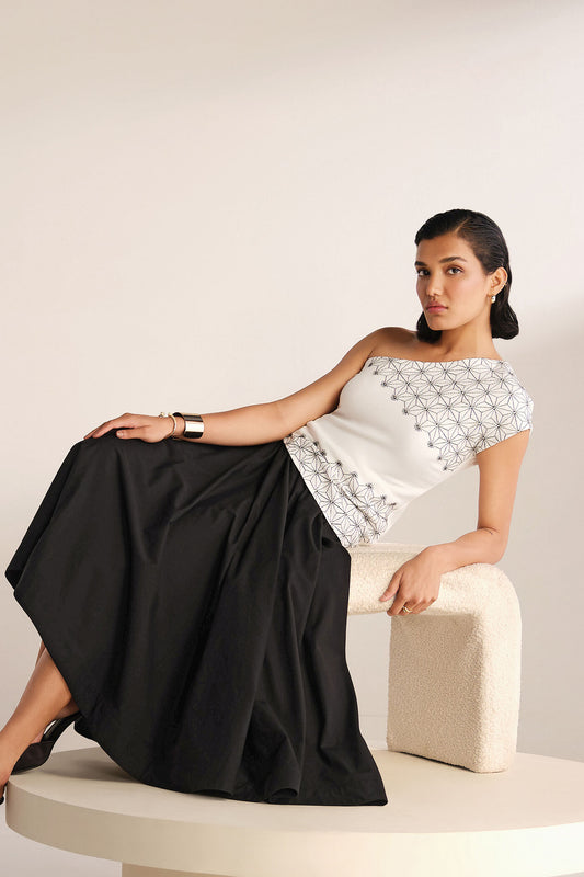 Monochrome Muse One Shoulder Embroidered Top