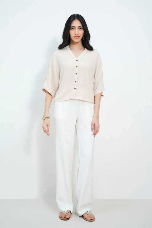 Beige Relaxed Button Down Shirt with Wide