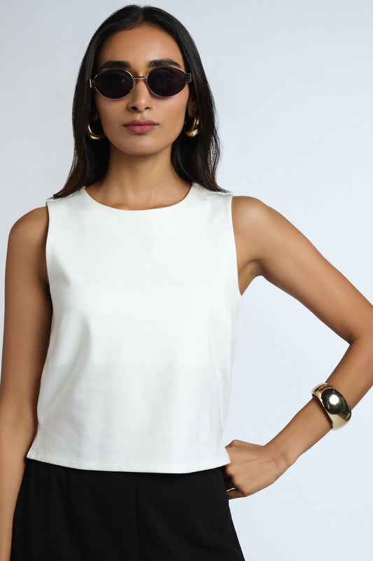 White Sleeveless Crop Top with Black Wide