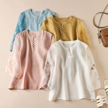Pure Cotton Embroidered Organza Sleeves Top