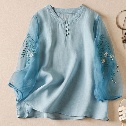 Pure Cotton Embroidered Organza Sleeves Top