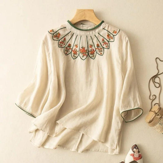 Pure Cotton Queen Embroidered Back Button Top