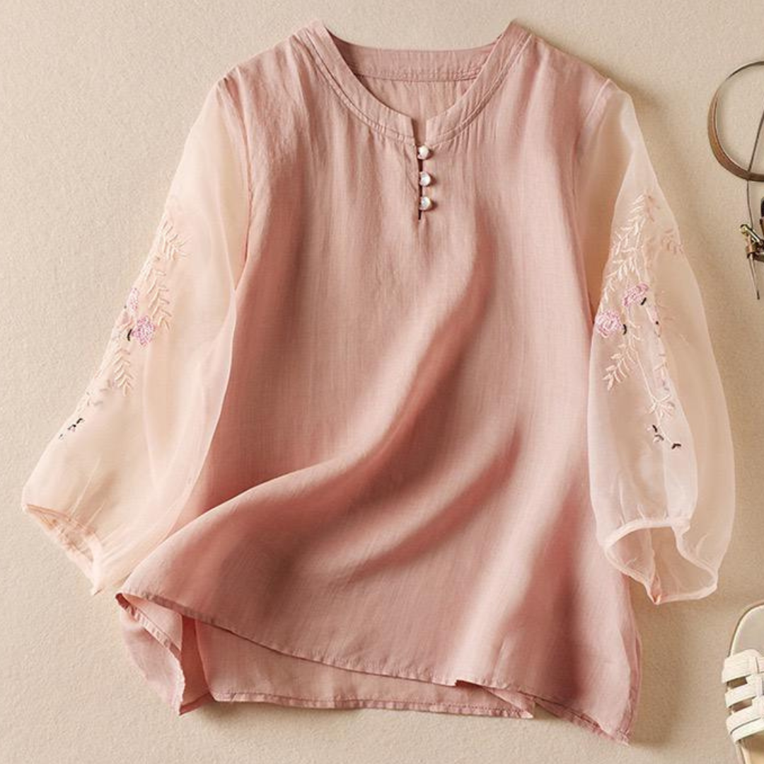 Pure Cotton Embroidered Organza Sleeves Top