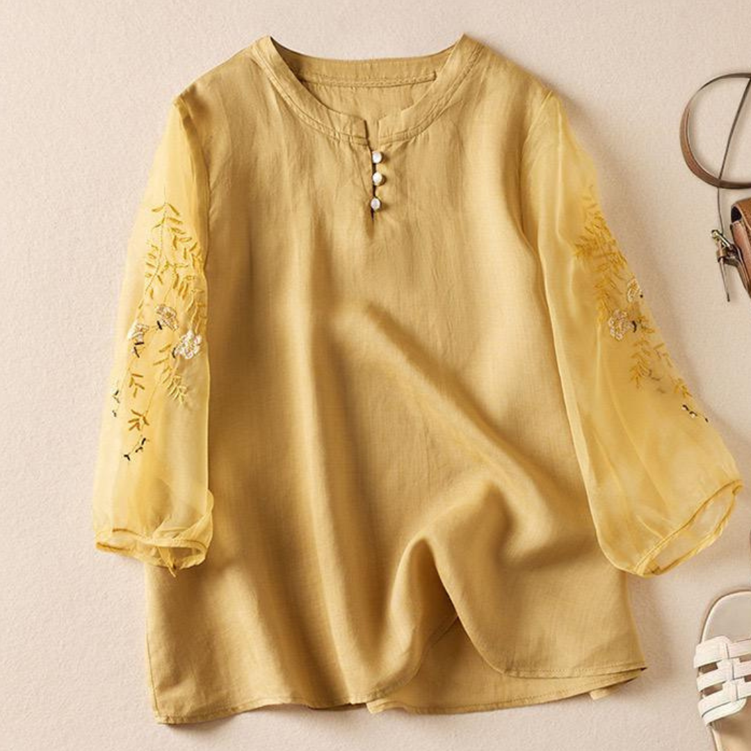 Pure Cotton Embroidered Organza Sleeves Top