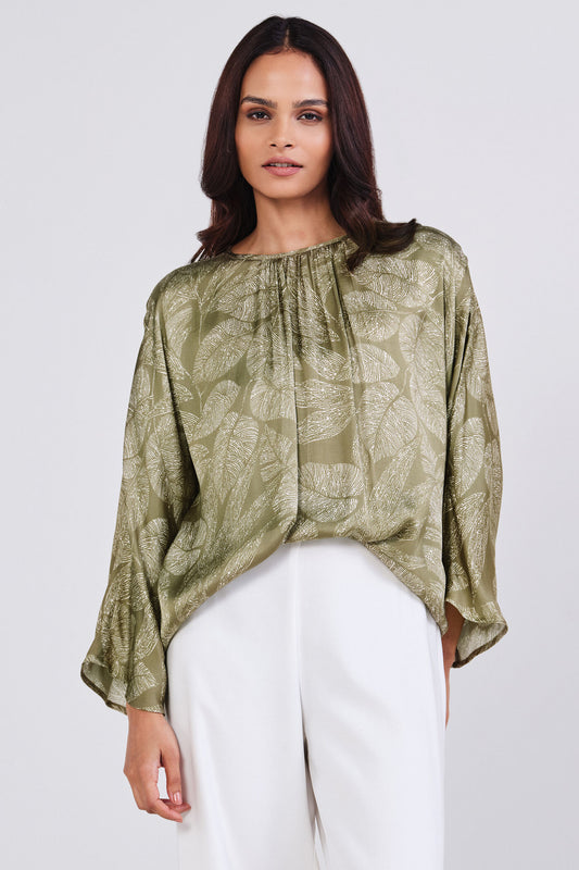 🌿 Olive Whisper Printed Satin Blouse