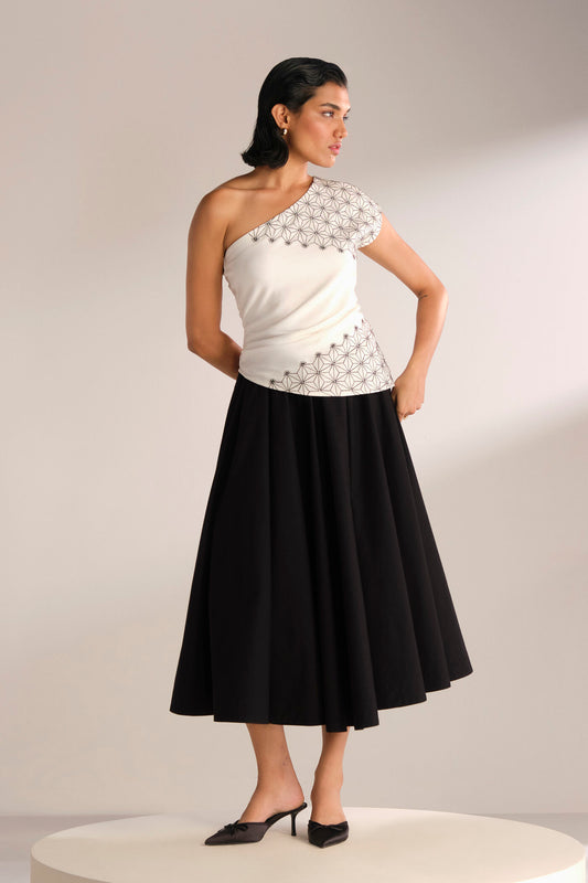 Monochrome Muse One Shoulder Embroidered Top