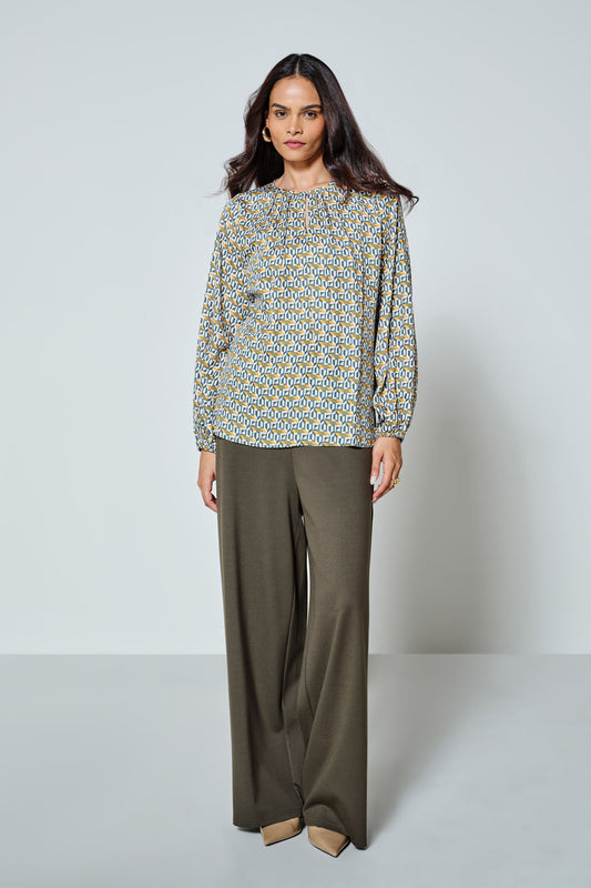 Geometric Print Pleated Neck Blouse