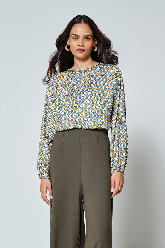 Geometric Print Pleated Neck Blouse
