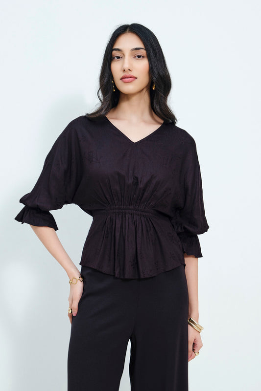 Elegant Black Gathered Waist Top