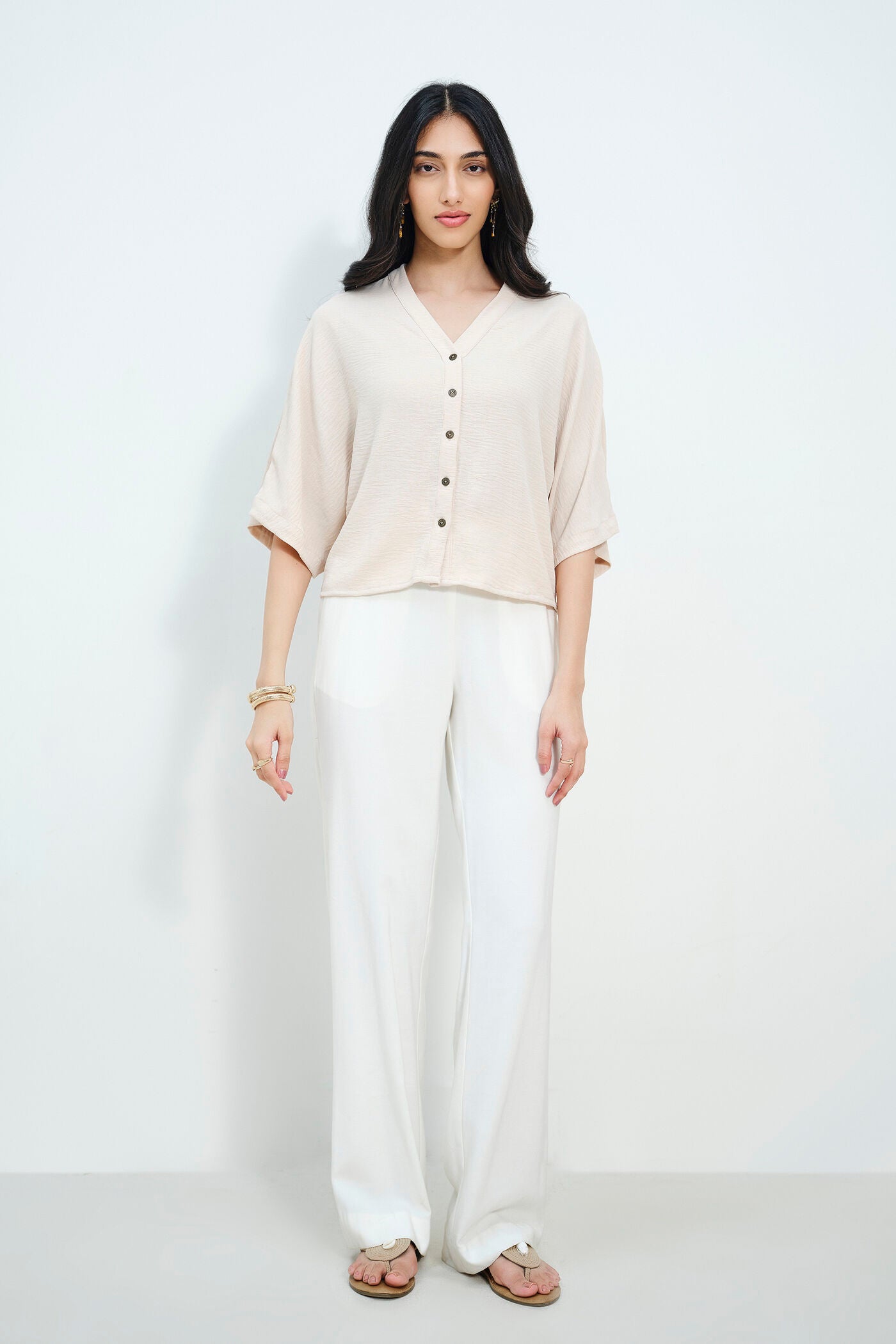 Beige Relaxed Button Down Shirt with Wide