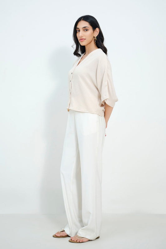 Beige Relaxed Button Down Shirt with Wide