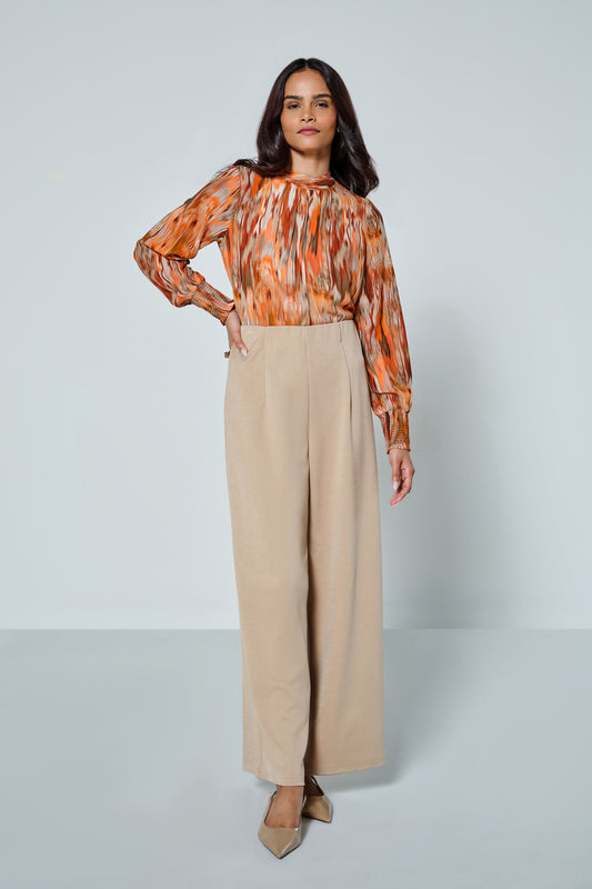 Sunset Swirl High-Neck Satin Blouse