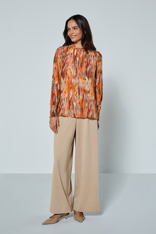Sunset Swirl High-Neck Satin Blouse
