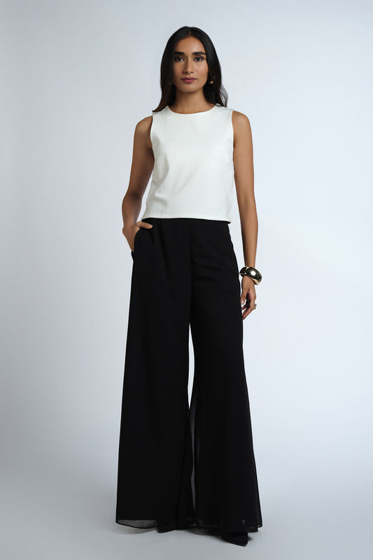 White Sleeveless Crop Top with Black Wide